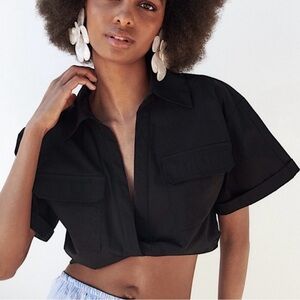 Black Cropped Utility Shirt - Women Tops